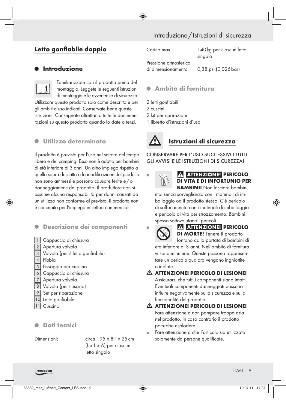 Introduzione / istruzioni di sicurezza, Letto gonﬁabile doppio introduzione, Utilizzo determinato | Descrizione dei componenti, Dati tecnici, Ambito di fornitura, Istruzioni di sicurezza | Meradiso Z30155 User Manual | Page 7 / 21