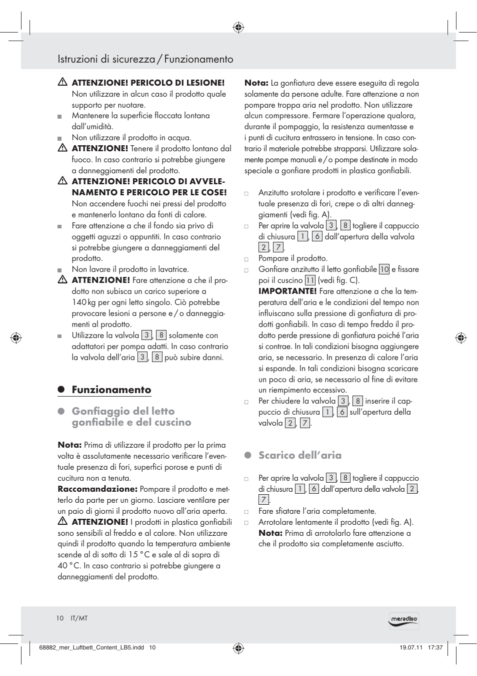Istruzioni di sicurezza / funzionamento, Funzionamento, Gonﬁaggio del letto gonﬁabile e del cuscino | Scarico dell’aria | Meradiso Z30155 User Manual | Page 8 / 21