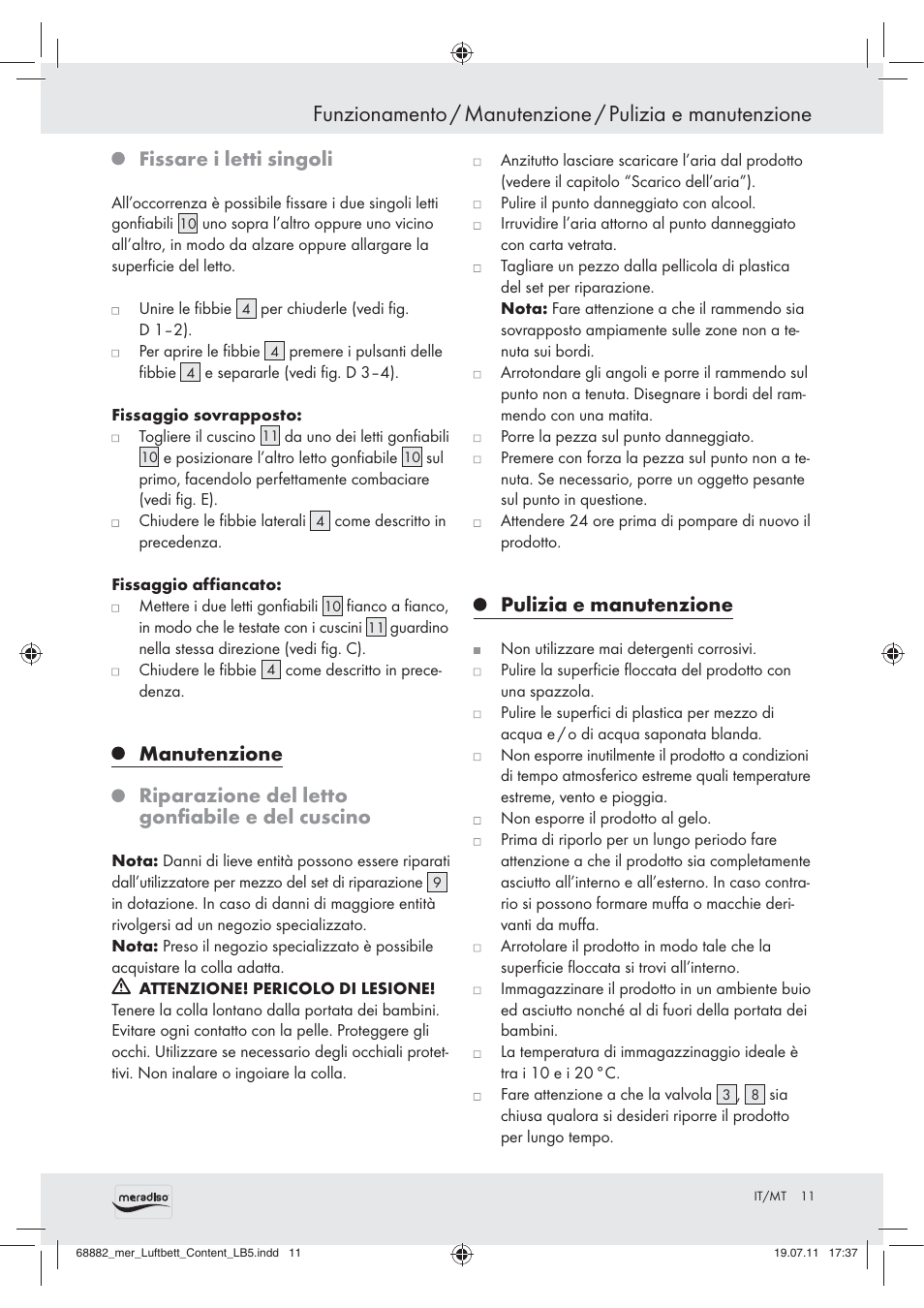 Fissare i letti singoli, Manutenzione, Riparazione del letto gonﬁabile e del cuscino | Pulizia e manutenzione | Meradiso Z30155 User Manual | Page 9 / 21