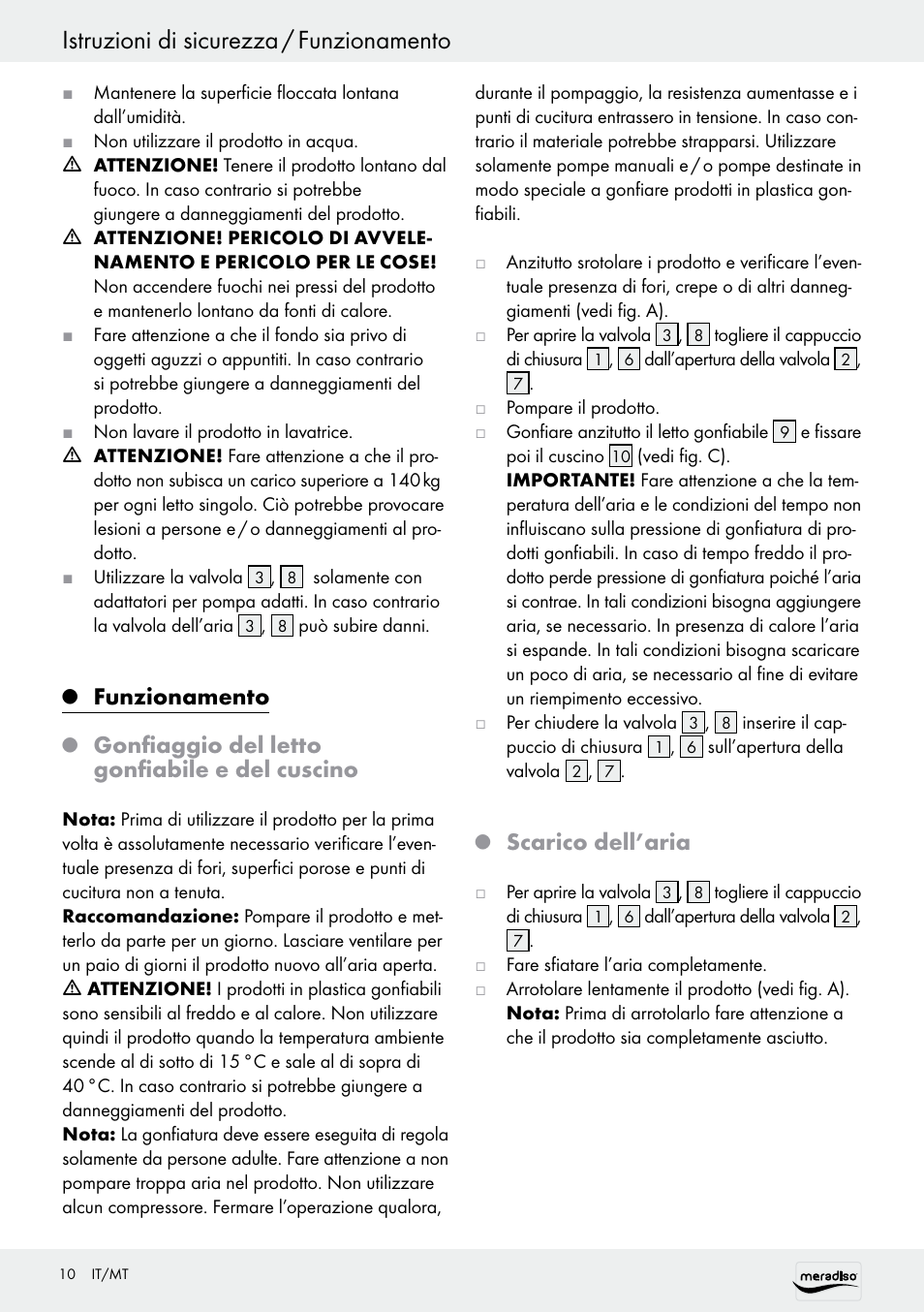 Istruzioni di sicurezza / funzionamento, Funzionamento, Gonfiaggio del letto gonfiabile e del cuscino | Scarico dell’aria | Meradiso Z30155 User Manual | Page 10 / 24