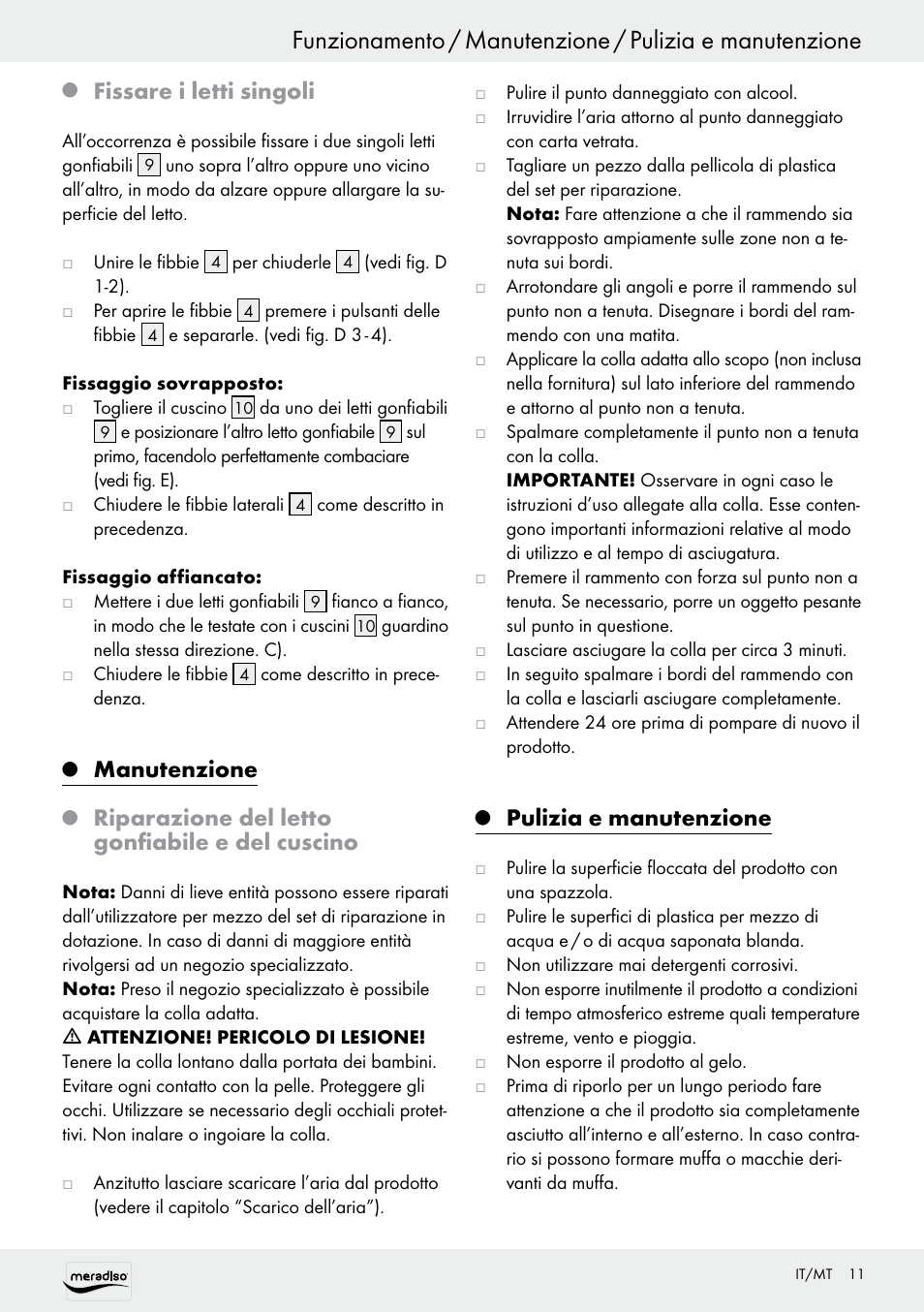 Fissare i letti singoli, Manutenzione, Riparazione del letto gonfiabile e del cuscino | Pulizia e manutenzione | Meradiso Z30155 User Manual | Page 11 / 24