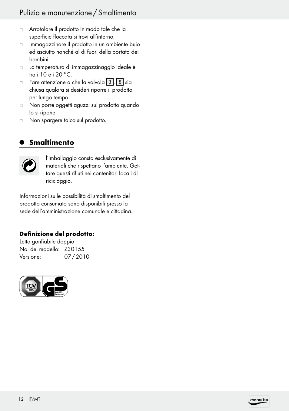 Pulizia e manutenzione / smaltimento, Smaltimento | Meradiso Z30155 User Manual | Page 12 / 24