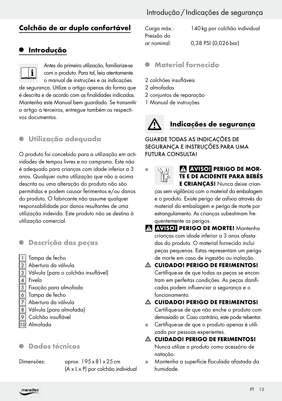 Introdução / indicações de segurança, Colchão de ar duplo confortável, Introdução | Utilização adequada, Descrição das peças, Dados técnicos, Material fornecido, Indicações de segurança | Meradiso Z30155 User Manual | Page 13 / 24