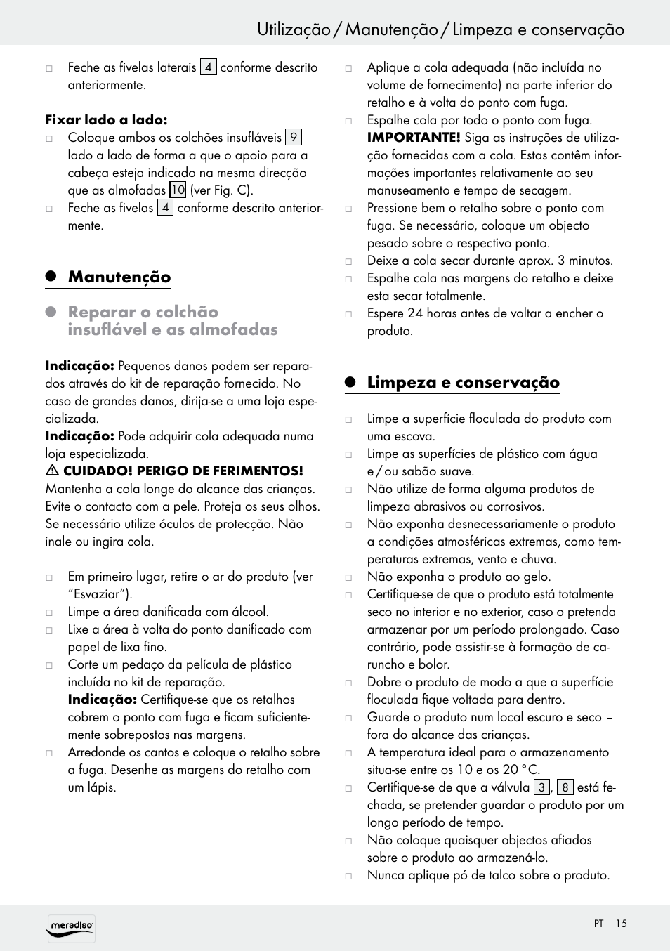 Utilização / manutenção / limpeza e conservação, Manutenção, Reparar o colchão insuflável e as almofadas | Limpeza e conservação | Meradiso Z30155 User Manual | Page 15 / 24