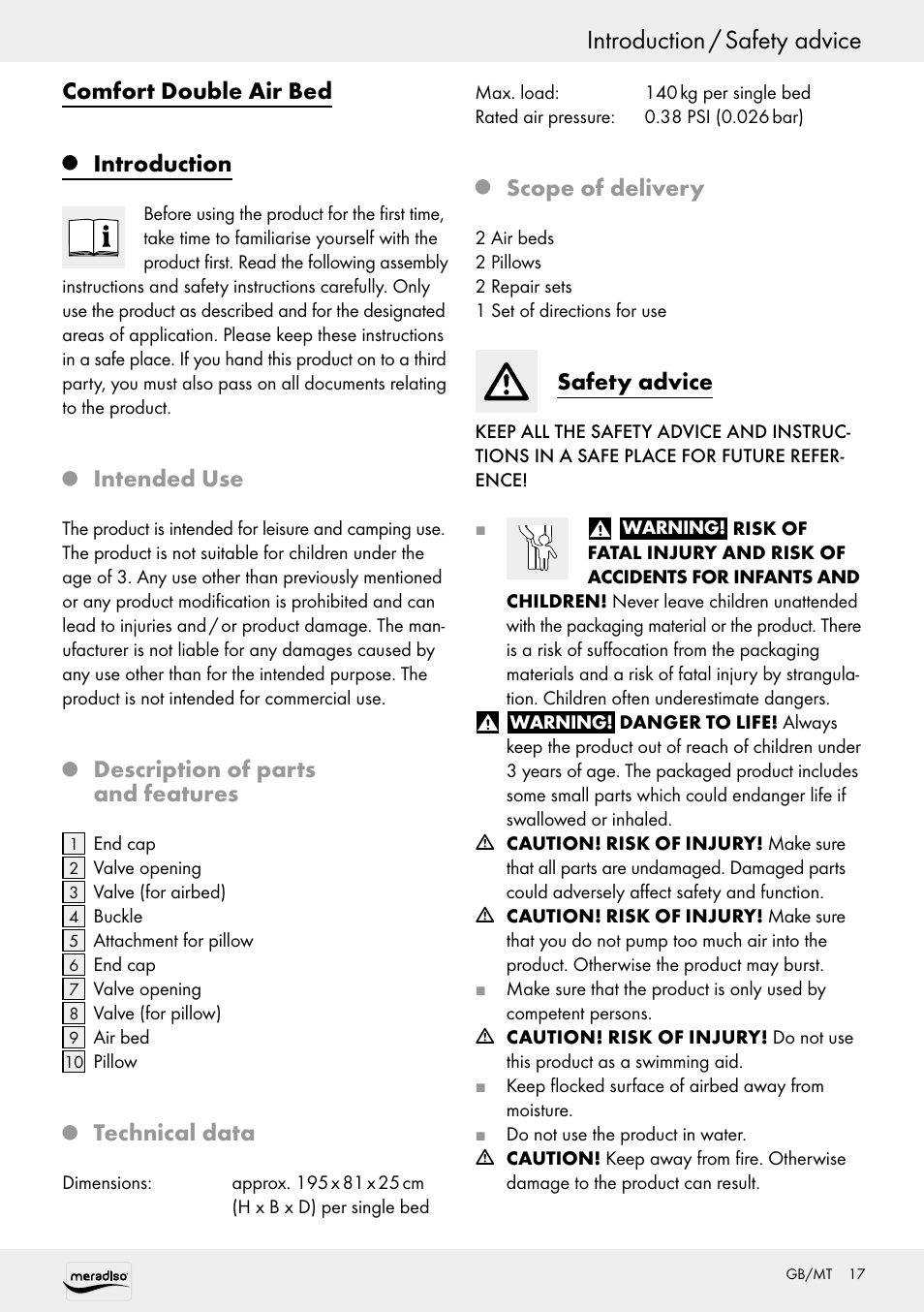 Introduction / safety advice, Comfort double air bed, Introduction | Intended use, Description of parts and features, Technical data, Scope of delivery, Safety advice | Meradiso Z30155 User Manual | Page 17 / 24