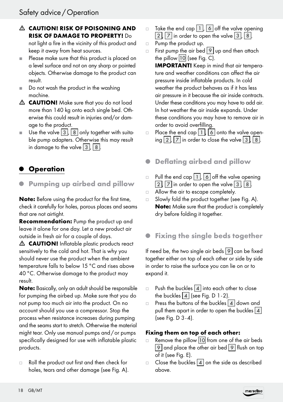 Safety advice / operation, Operation, Pumping up airbed and pillow | Deflating airbed and pillow, Fixing the single beds together | Meradiso Z30155 User Manual | Page 18 / 24