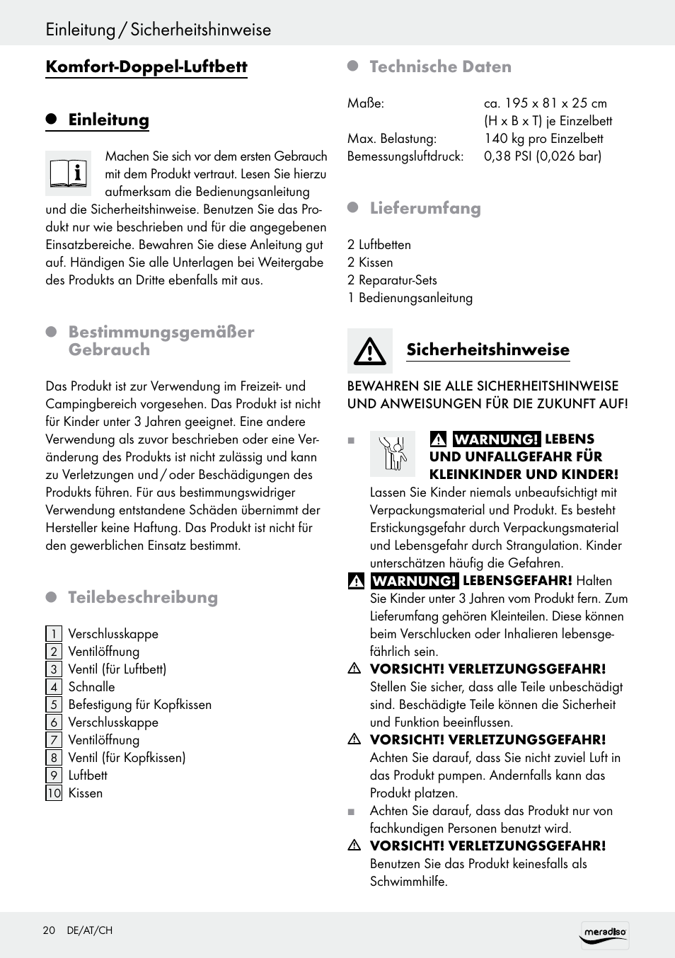 Einleitung / sicherheitshinweise, Komfort-doppel-luftbett, Einleitung | Bestimmungsgemäßer gebrauch, Teilebeschreibung, Technische daten, Lieferumfang, Sicherheitshinweise | Meradiso Z30155 User Manual | Page 20 / 24