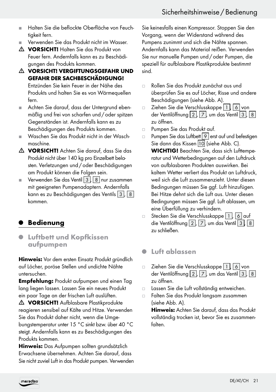 Sicherheitshinweise / bedienung, Bedienung, Luftbett und kopfkissen aufpumpen | Luft ablassen | Meradiso Z30155 User Manual | Page 21 / 24