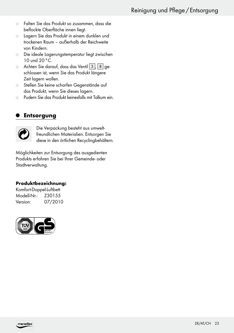 Reinigung und pflege / entsorgung, Entsorgung | Meradiso Z30155 User Manual | Page 23 / 24