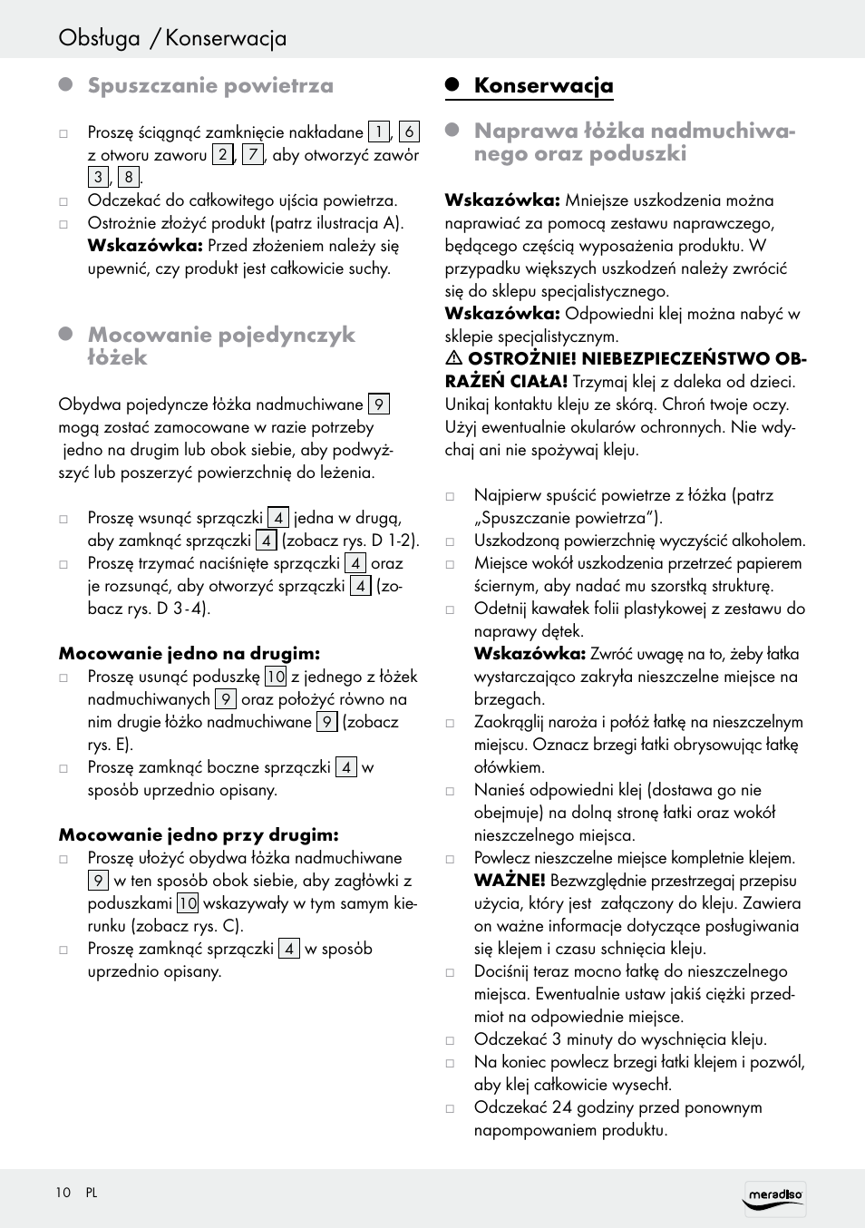 Obsługa / konserwacja, Spuszczanie powietrza, Mocowanie pojedynczyk łόżek | Konserwacja, Naprawa łόżka nadmuchiwa- nego oraz poduszki | Meradiso Z30155 User Manual | Page 10 / 31