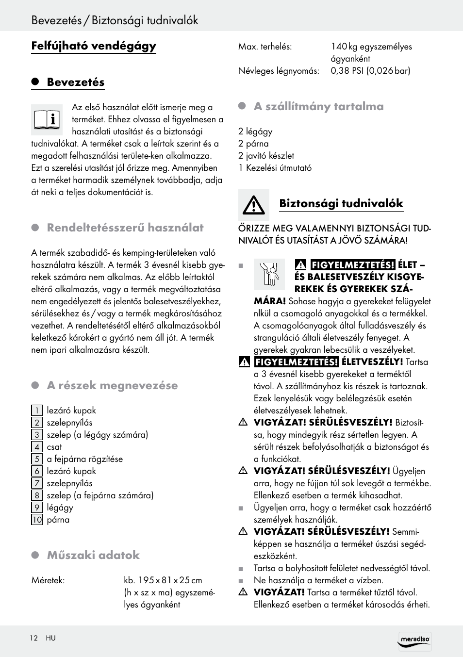 Bevezetés / biztonsági tudnivalók, Felfújható vendégágy, Bevezetés | Rendeltetésszerű használat, A részek megnevezése, Műszaki adatok, A szállítmány tartalma, Biztonsági tudnivalók | Meradiso Z30155 User Manual | Page 12 / 31
