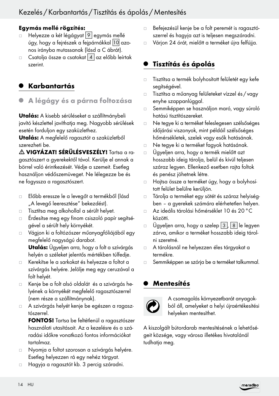 Karbantartás, A légágy és a párna foltozása, Tisztítás és ápolás | Mentesítés | Meradiso Z30155 User Manual | Page 14 / 31