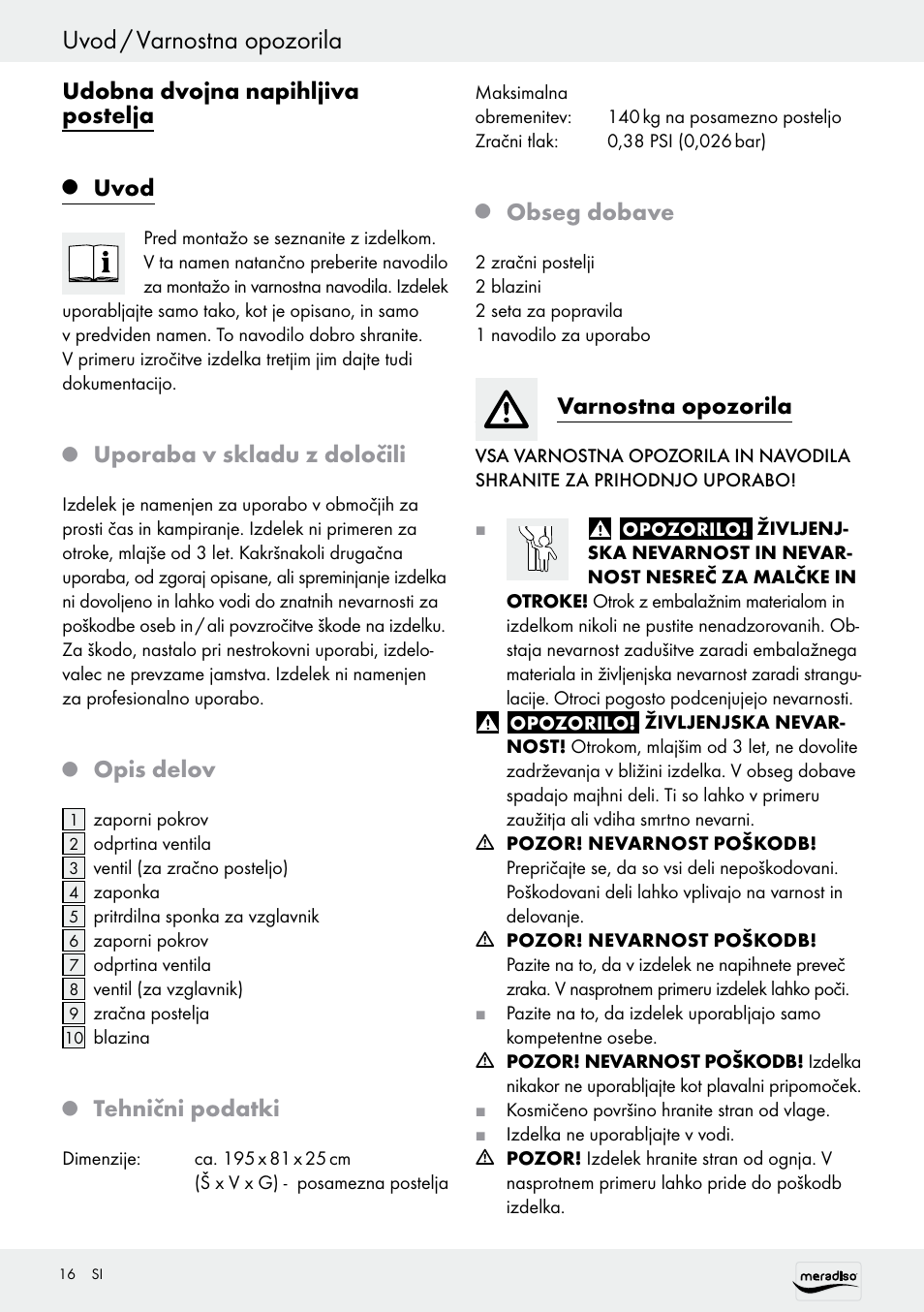 Uvod / varnostna opozorila, Udobna dvojna napihljiva postelja, Uvod | Uporaba v skladu z določili, Opis delov, Tehnični podatki, Obseg dobave, Varnostna opozorila | Meradiso Z30155 User Manual | Page 16 / 31