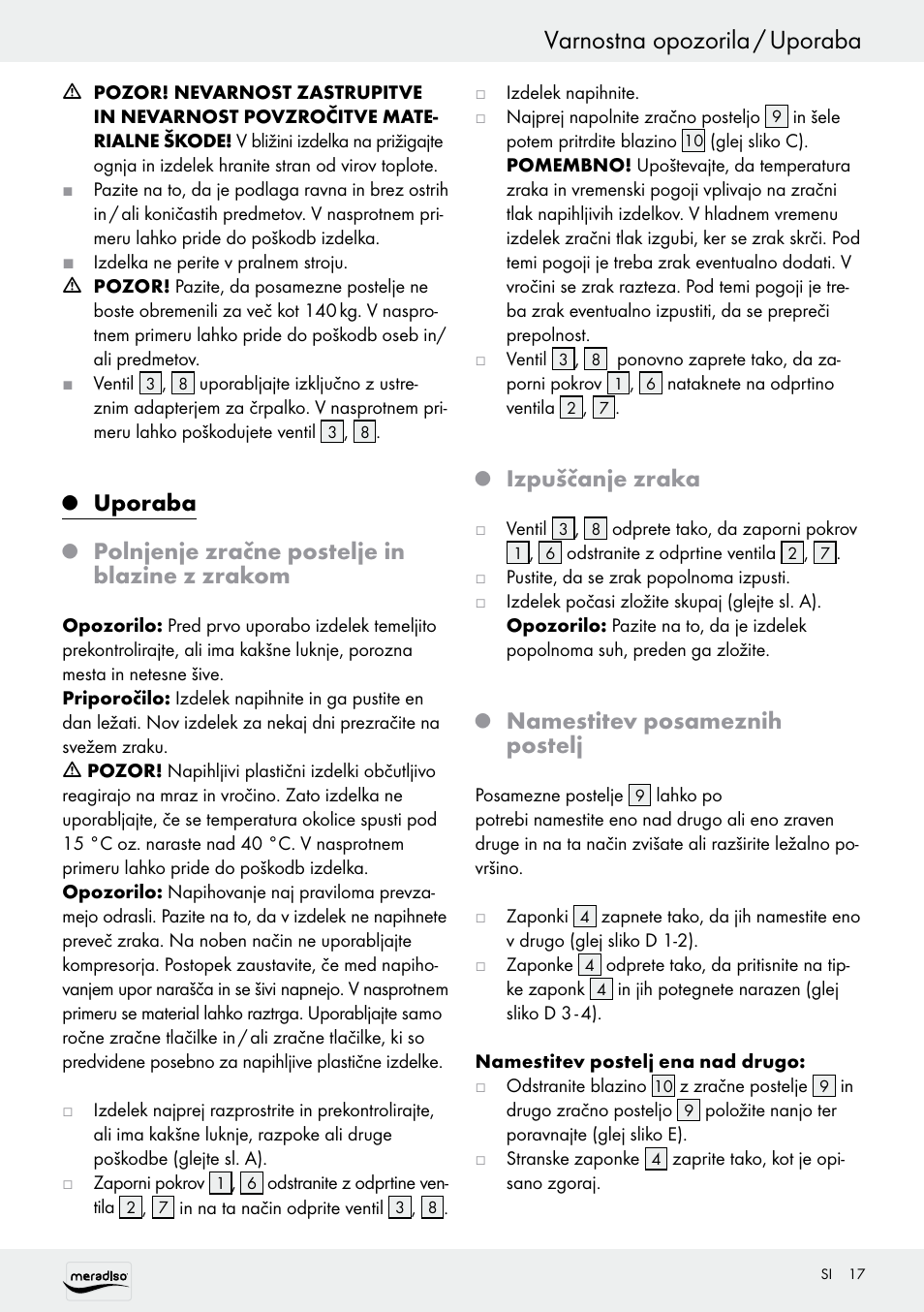 Varnostna opozorila / uporaba, Uporaba, Polnjenje zračne postelje in blazine z zrakom | Izpuščanje zraka, Namestitev posameznih postelj | Meradiso Z30155 User Manual | Page 17 / 31