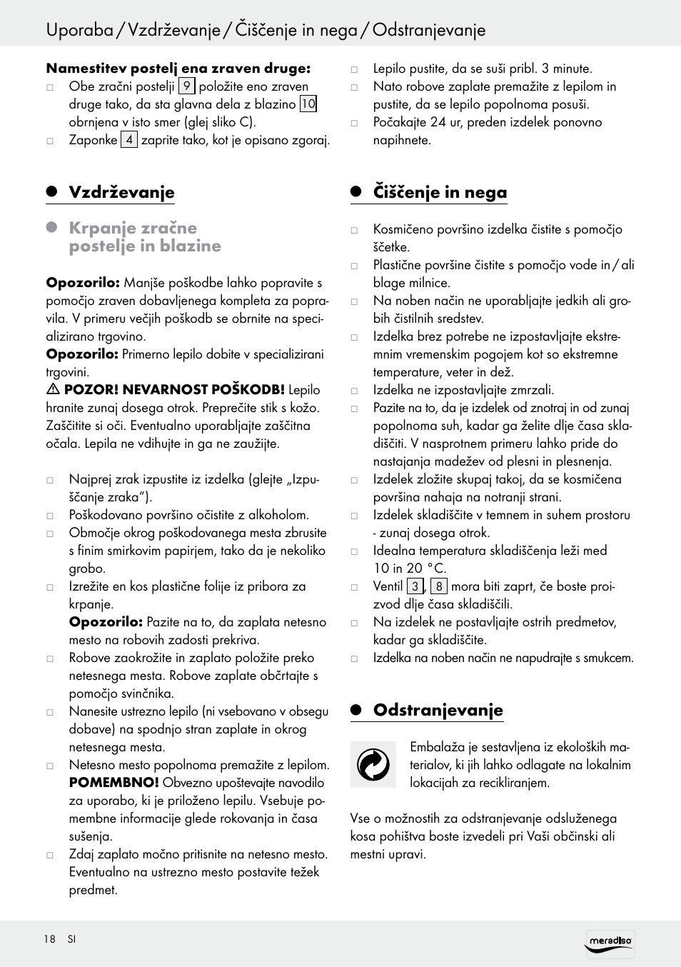 Vzdrževanje, Krpanje zračne postelje in blazine, Čiščenje in nega | Odstranjevanje | Meradiso Z30155 User Manual | Page 18 / 31