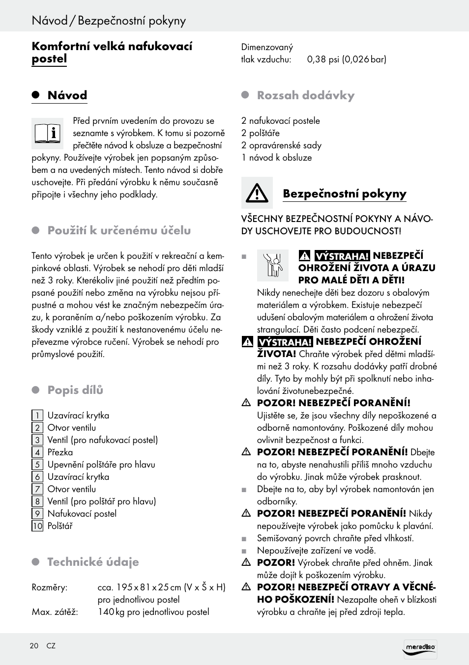 Návod / bezpečnostní pokyny, Komfortní velká nafukovací postel, Návod | Použití k určenému účelu, Popis dílů, Technické údaje, Rozsah dodávky, Bezpečnostní pokyny | Meradiso Z30155 User Manual | Page 20 / 31