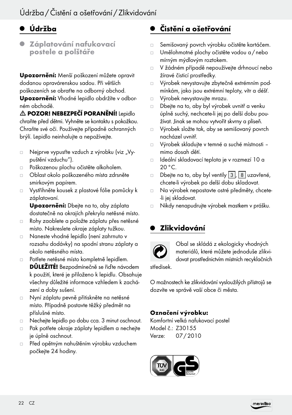 Údržba / čistění a ošetřování / zlikvidování, Údržba, Záplatování nafukovací postele a polštáře | Čistění a ošetřování, Zlikvidování | Meradiso Z30155 User Manual | Page 22 / 31