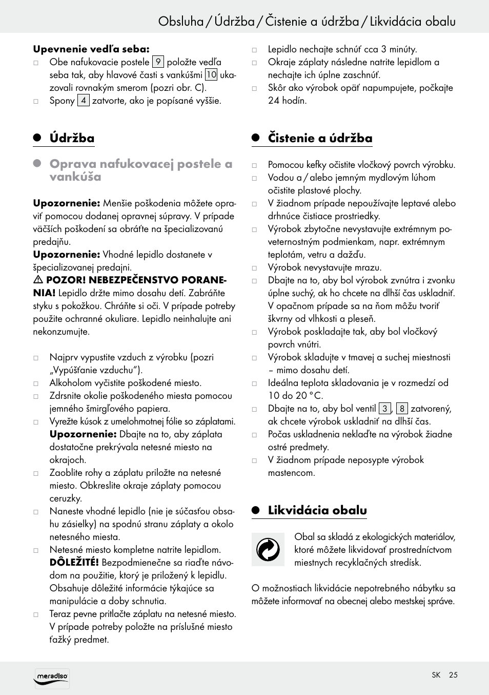 Údržba, Oprava nafukovacej postele a vankúša, Čistenie a údržba | Likvidácia obalu | Meradiso Z30155 User Manual | Page 25 / 31