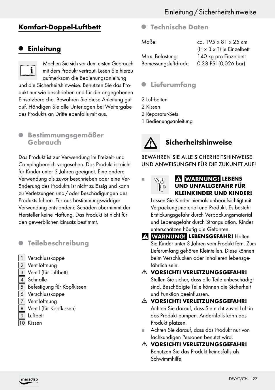 Einleitung / sicherheitshinweise, Komfort-doppel-luftbett, Einleitung | Bestimmungsgemäßer gebrauch, Teilebeschreibung, Technische daten, Lieferumfang, Sicherheitshinweise | Meradiso Z30155 User Manual | Page 27 / 31
