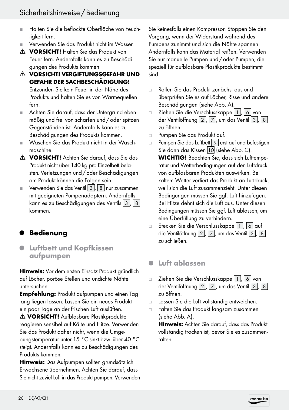 Sicherheitshinweise / bedienung, Bedienung, Luftbett und kopfkissen aufpumpen | Luft ablassen | Meradiso Z30155 User Manual | Page 28 / 31