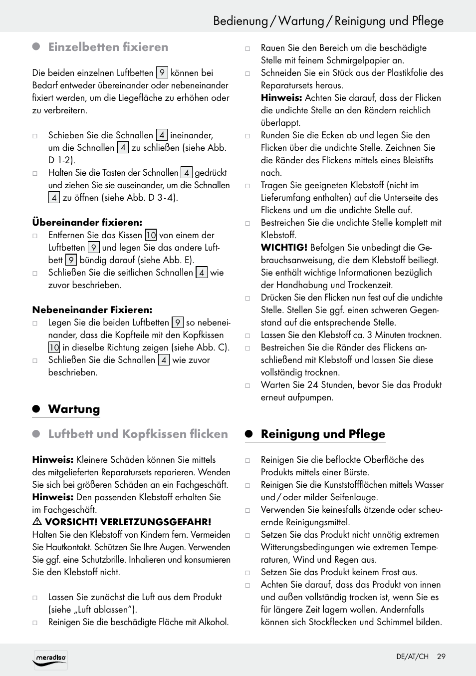 Bedienung / wartung / reinigung und pflege, Einzelbetten fixieren, Wartung | Luftbett und kopfkissen flicken, Reinigung und pflege | Meradiso Z30155 User Manual | Page 29 / 31