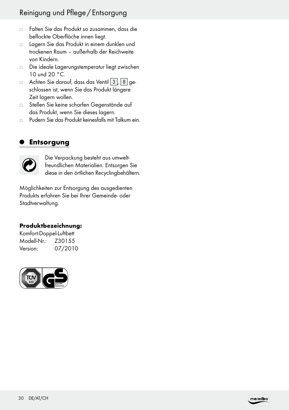 Reinigung und pflege / entsorgung, Entsorgung | Meradiso Z30155 User Manual | Page 30 / 31