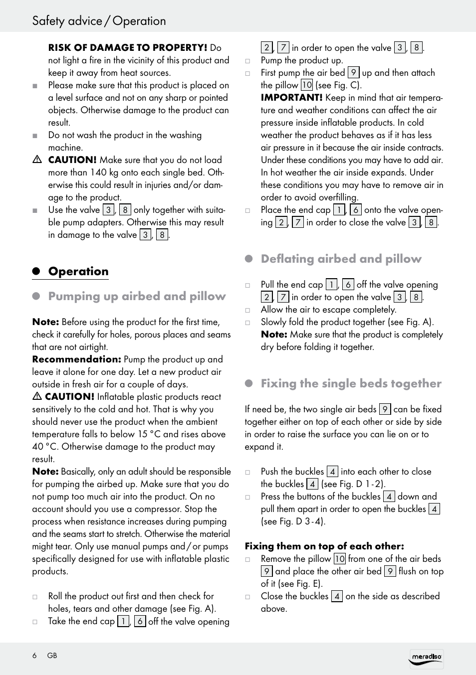 Safety advice / operation, Operation, Pumping up airbed and pillow | Deflating airbed and pillow, Fixing the single beds together | Meradiso Z30155 User Manual | Page 6 / 31