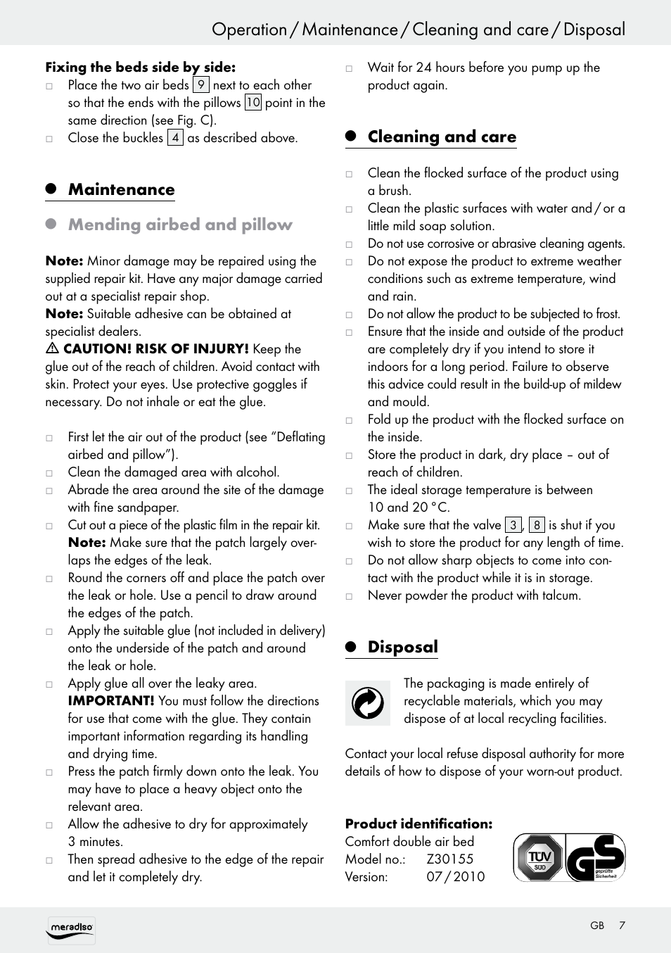 Maintenance, Mending airbed and pillow, Cleaning and care | Disposal | Meradiso Z30155 User Manual | Page 7 / 31