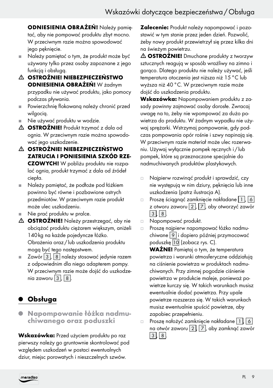 Wskazówki dotyczące bezpieczeństwa / obsługa, Obsługa, Napompowanie łόżka nadmu- chiwanego oraz poduszki | Meradiso Z30155 User Manual | Page 9 / 31