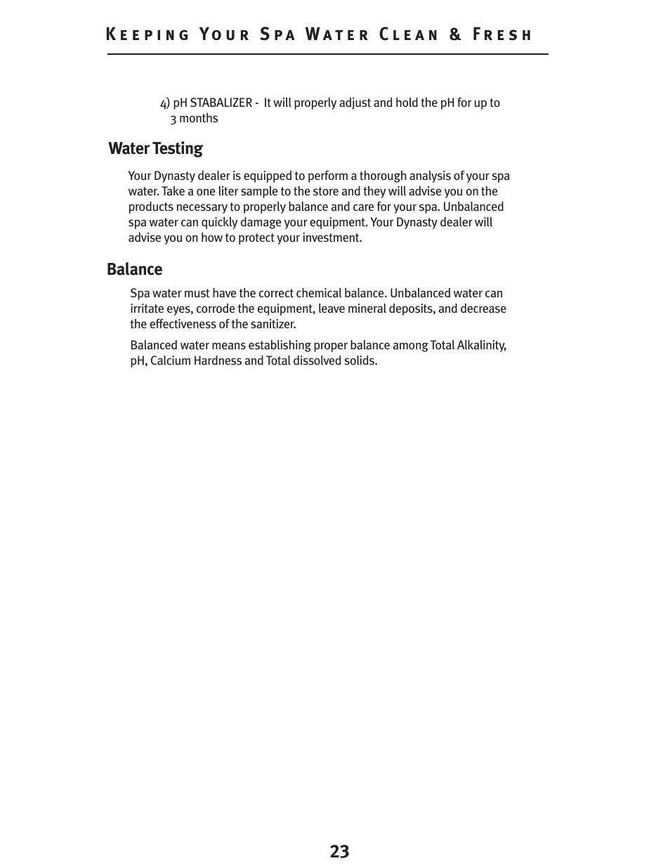 Water testing balance | Dynasty Spas Deluxe System D-1000 User Manual | Page 23 / 33