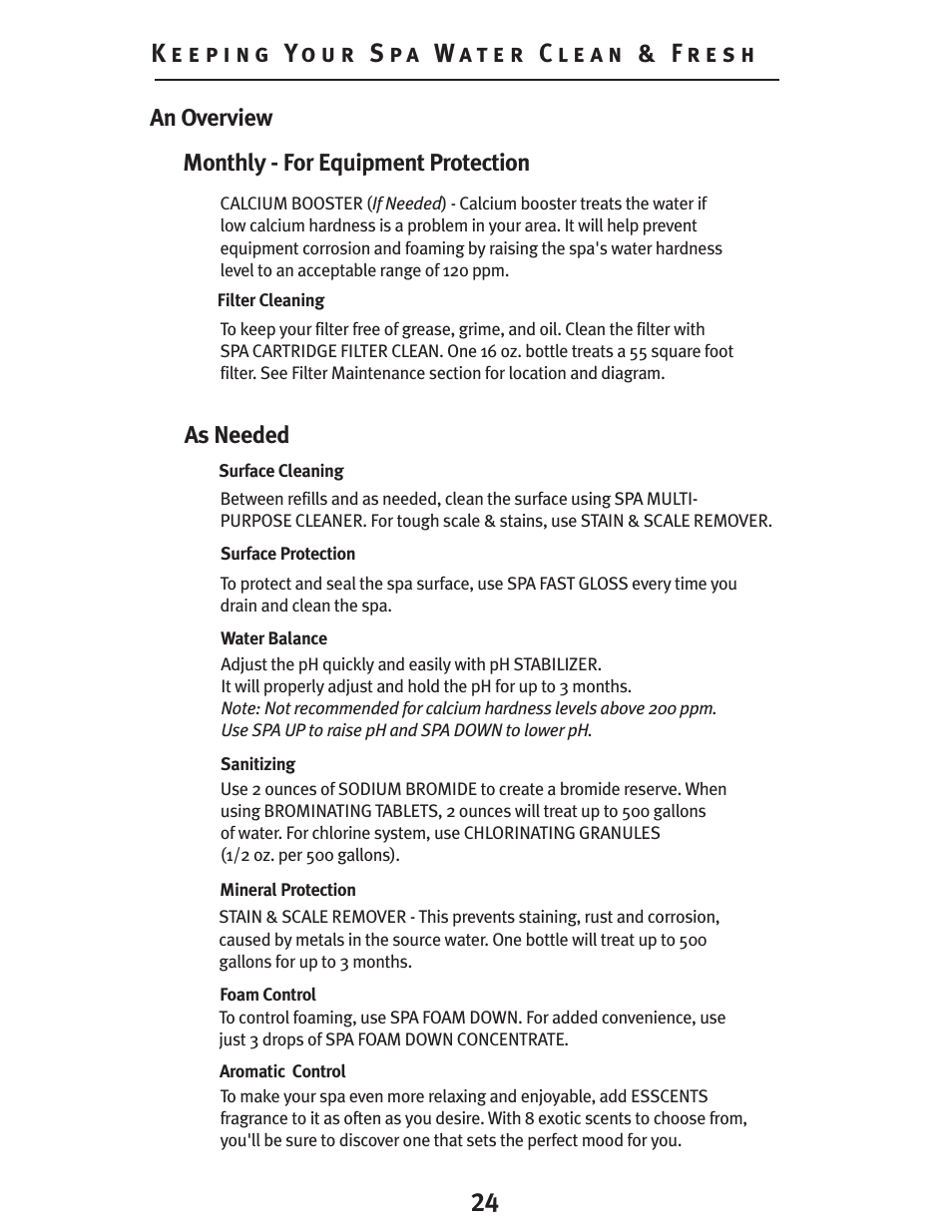 An overview, Monthly - for equipment protection as needed | Dynasty Spas Deluxe System D-1000 User Manual | Page 24 / 33