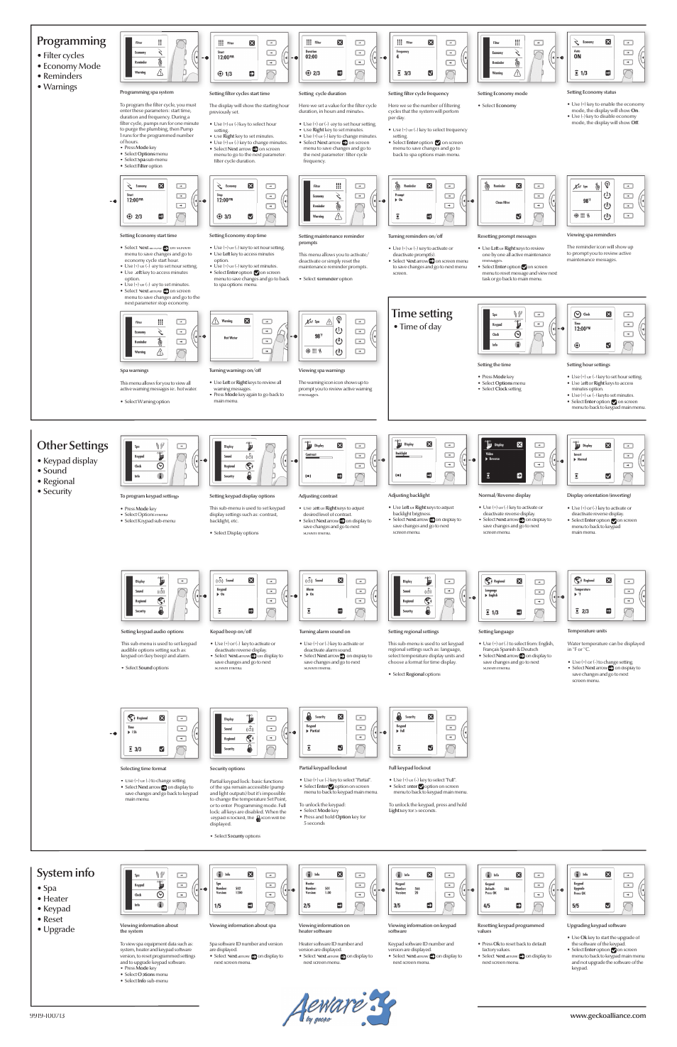 Other settings, Time setting system info, Programming | Keypad display • sound • regional • security | Dynasty Spas in.k600 User Manual | Page 2 / 2