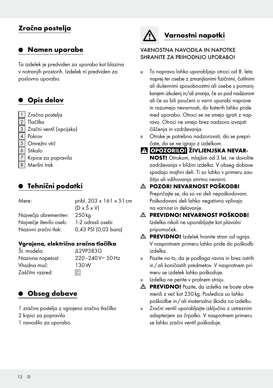 Zračna postelja, Namen uporabe, Opis delov | Tehnični podatki, Obseg dobave, Varnostni napotki | Meradiso Z31600GB User Manual | Page 12 / 33