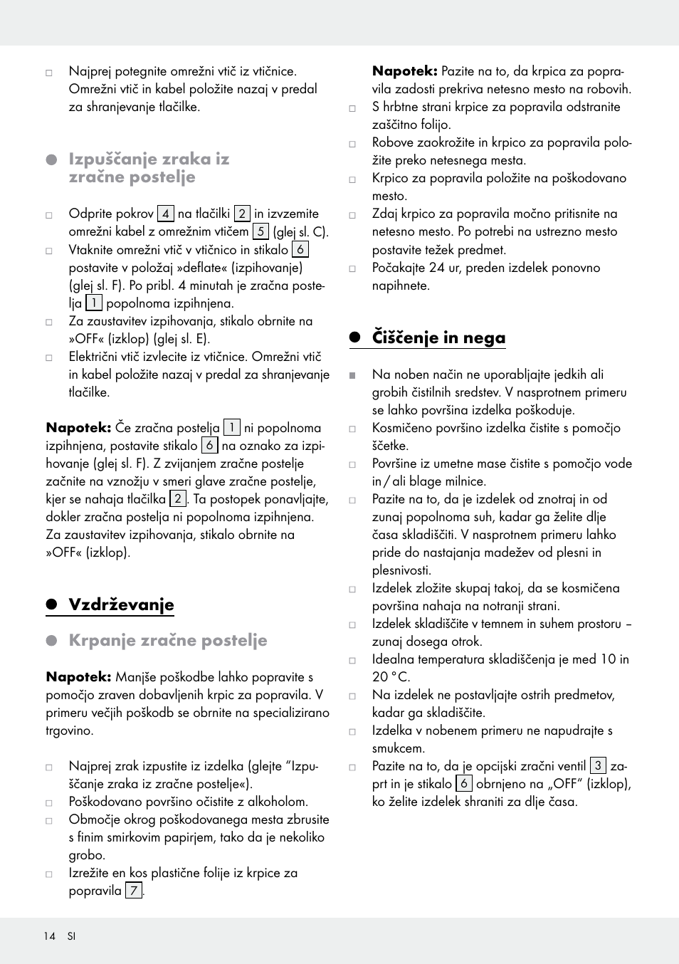Izpuščanje zraka iz zračne postelje, Vzdrževanje, Krpanje zračne postelje | Čiščenje in nega | Meradiso Z31600GB User Manual | Page 14 / 33