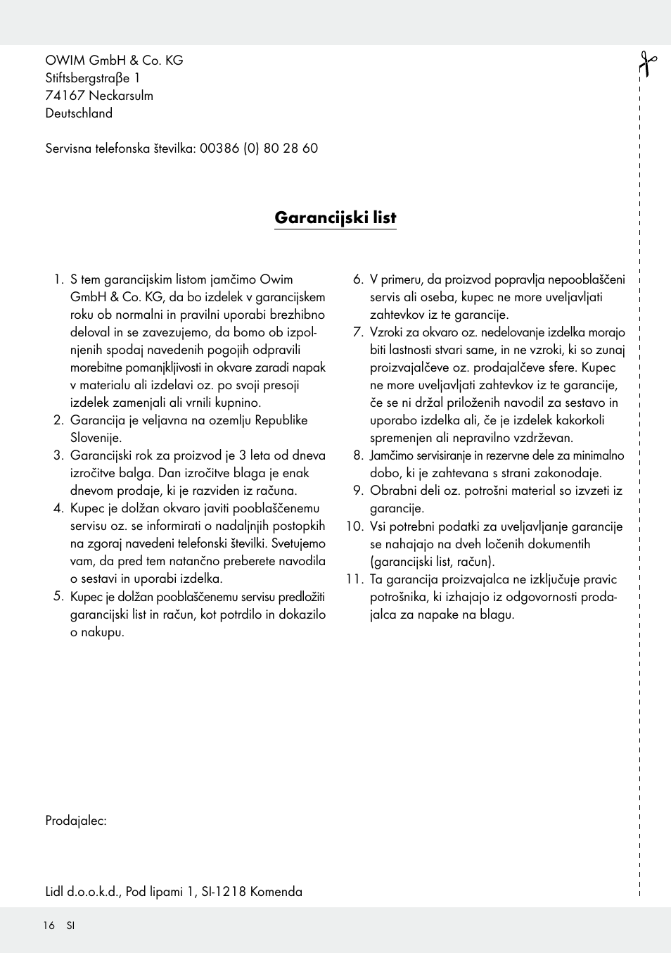 Garancijski list | Meradiso Z31600GB User Manual | Page 16 / 33