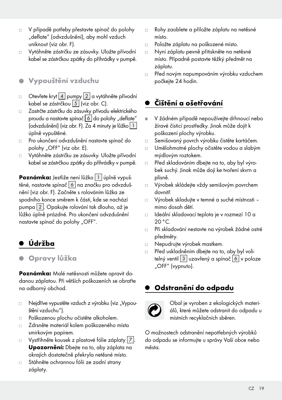 Vypouštění vzduchu, Údržba, Opravy lůžka | Čištění a ošetřování, Odstranění do odpadu | Meradiso Z31600GB User Manual | Page 19 / 33