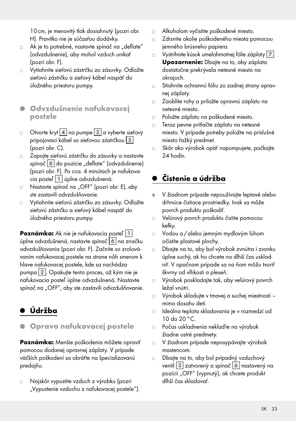 Odvzdušnenie nafukovacej postele, Údržba, Oprava nafukovacej postele | Čistenie a údržba | Meradiso Z31600GB User Manual | Page 23 / 33