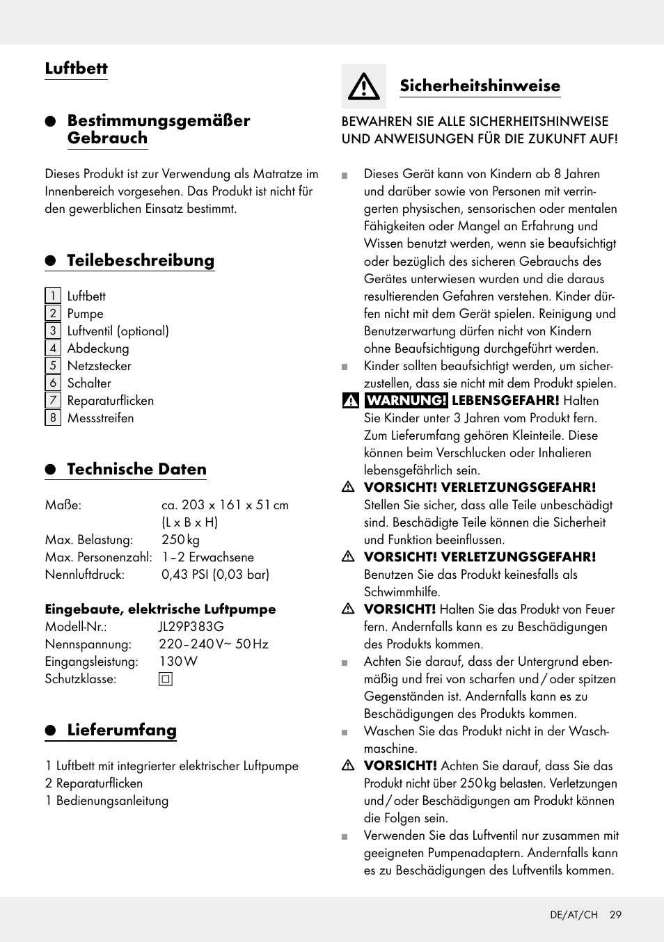 Luftbett, Bestimmungsgemäßer gebrauch, Teilebeschreibung | Technische daten, Lieferumfang, Sicherheitshinweise | Meradiso Z31600GB User Manual | Page 29 / 33