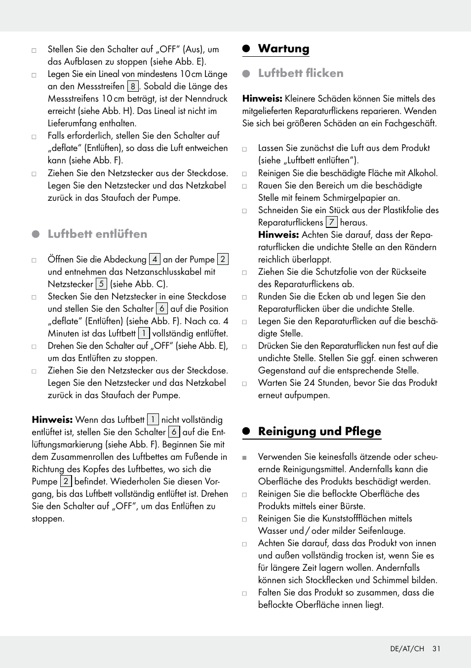 Luftbett entlüften, Wartung, Luftbett flicken | Reinigung und pflege | Meradiso Z31600GB User Manual | Page 31 / 33