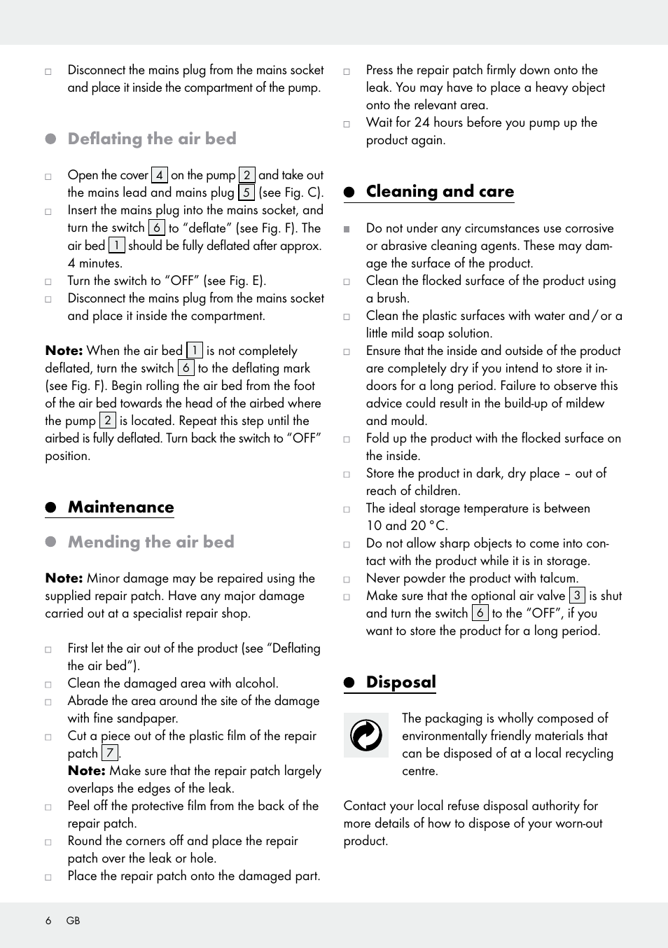 Deflating the air bed, Maintenance mending the air bed, Cleaning and care | Disposal | Meradiso Z31600GB User Manual | Page 6 / 33