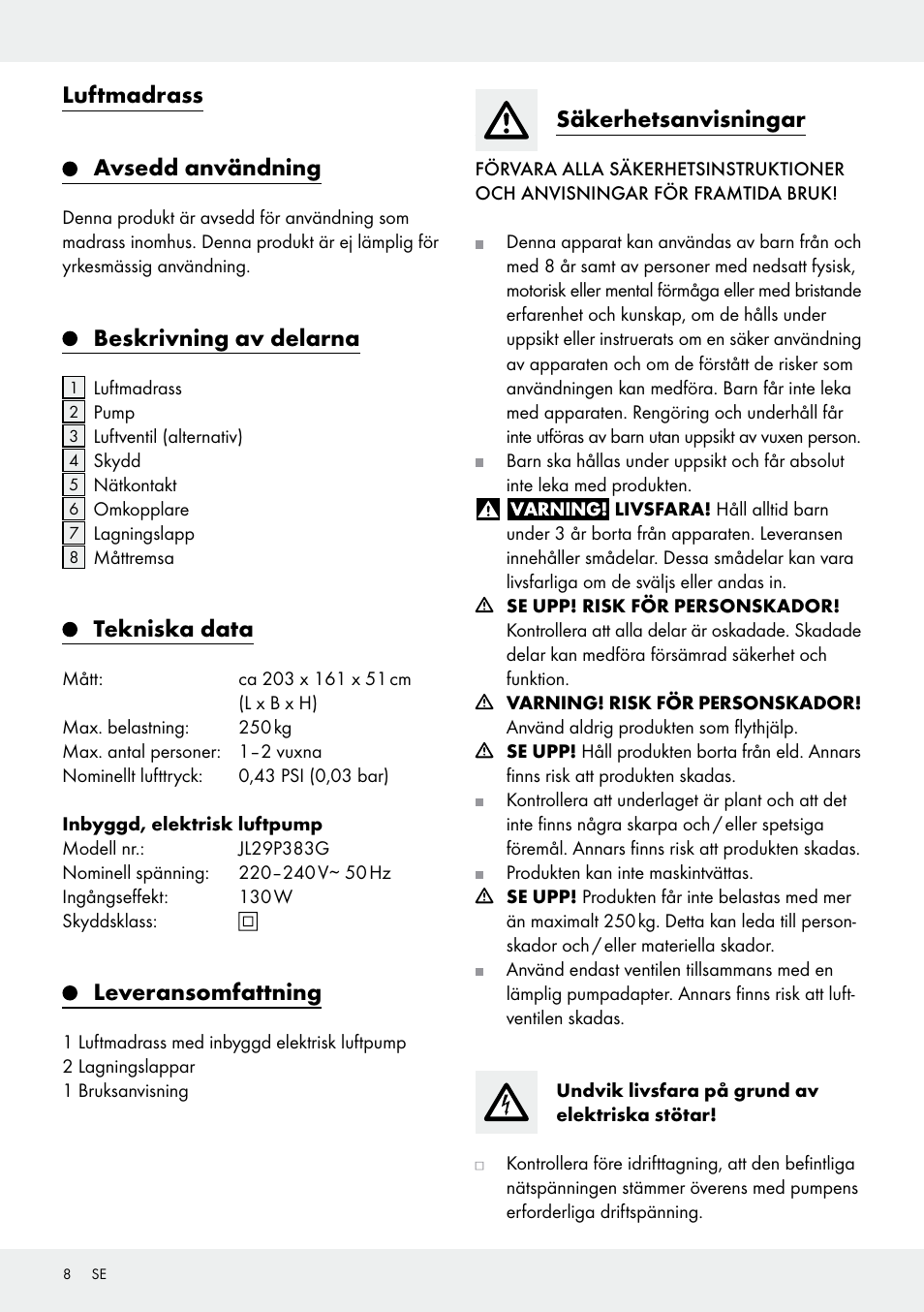 Luftmadrass, Avsedd användning, Beskrivning av delarna | Tekniska data, Leveransomfattning, Säkerhetsanvisningar | Meradiso Z31600GB User Manual | Page 8 / 33