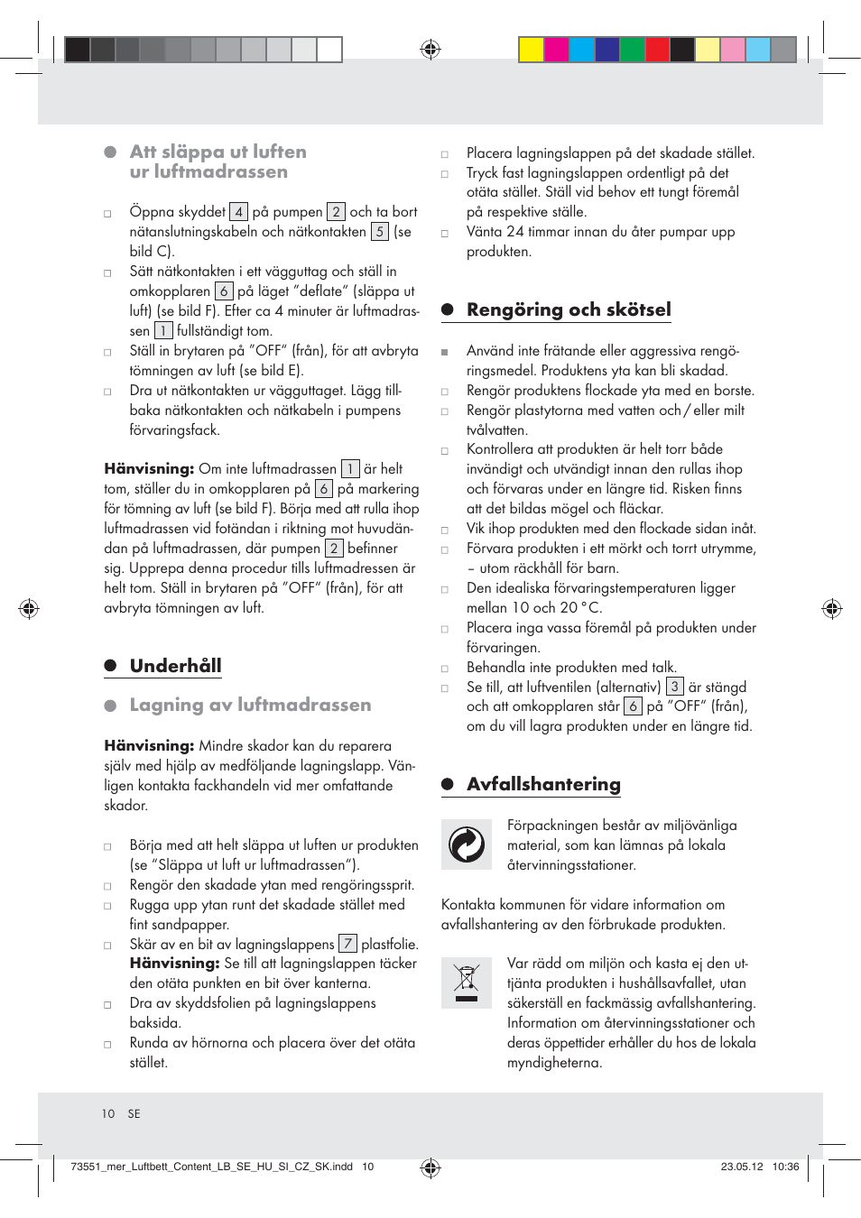 Att släppa ut luften ur luftmadrassen, Underhåll, Lagning av luftmadrassen | Rengöring och skötsel, Avfallshantering | Meradiso Z31196 User Manual | Page 10 / 33