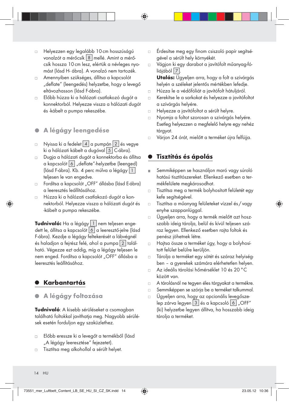 A légágy leengedése, Karbantartás, A légágy foltozása | Tisztítás és ápolás | Meradiso Z31196 User Manual | Page 14 / 33