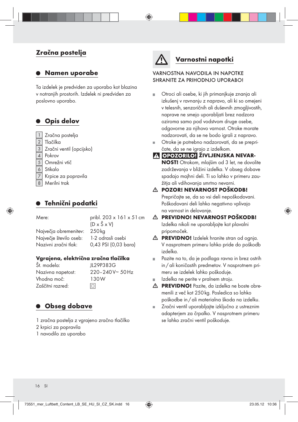 Zračna postelja, Namen uporabe, Opis delov | Tehnični podatki, Obseg dobave, Varnostni napotki | Meradiso Z31196 User Manual | Page 16 / 33