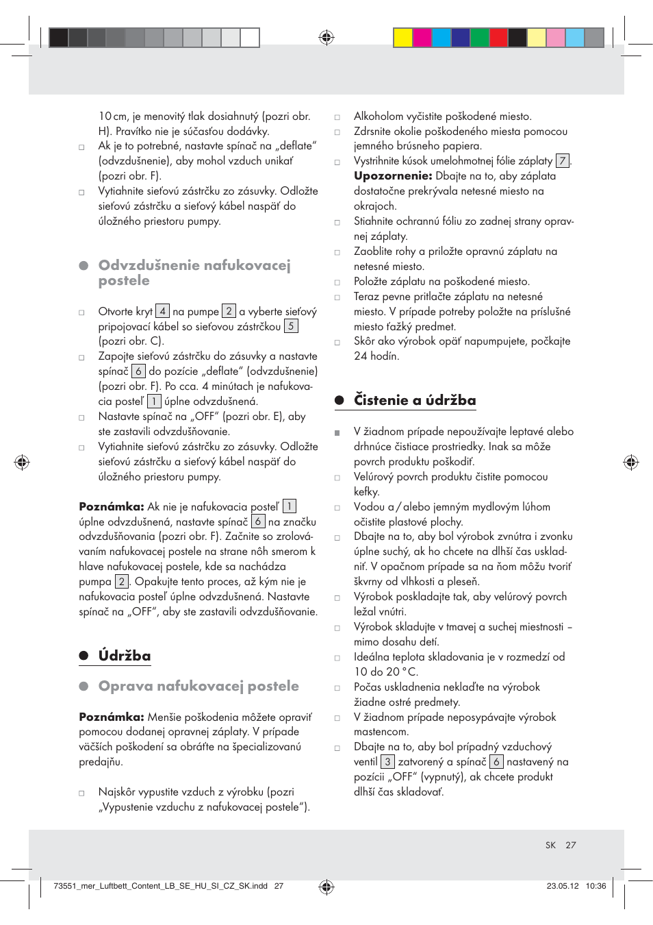 Odvzdušnenie nafukovacej postele, Údržba, Oprava nafukovacej postele | Čistenie a údržba | Meradiso Z31196 User Manual | Page 27 / 33