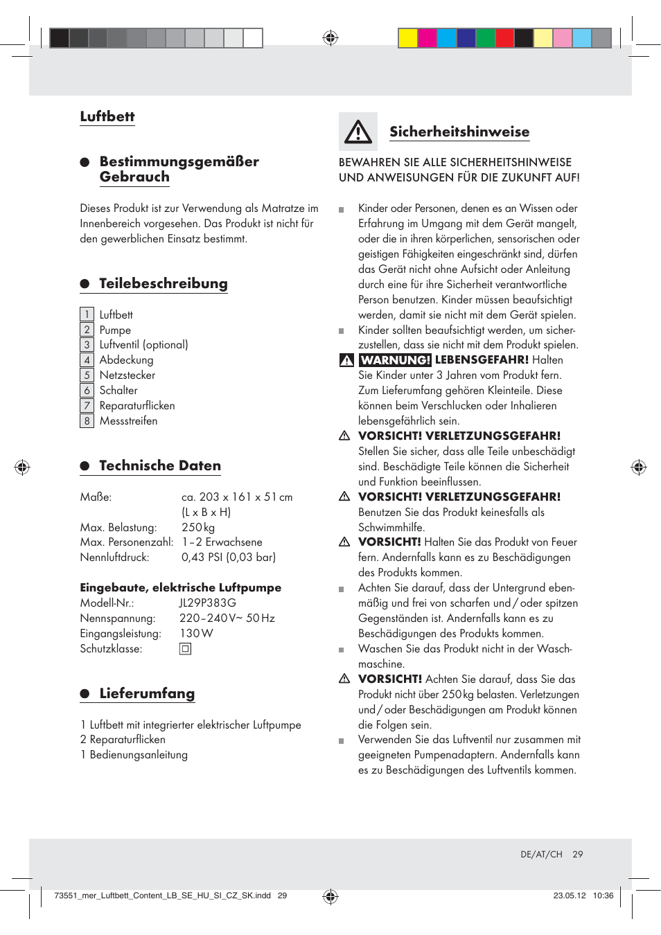 Luftbett, Bestimmungsgemäßer gebrauch, Teilebeschreibung | Technische daten, Lieferumfang, Sicherheitshinweise | Meradiso Z31196 User Manual | Page 29 / 33