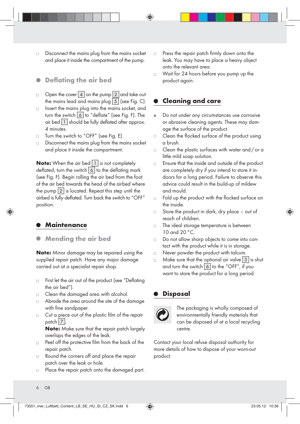 Deﬂating the air bed, Maintenance mending the air bed, Cleaning and care | Disposal | Meradiso Z31196 User Manual | Page 6 / 33