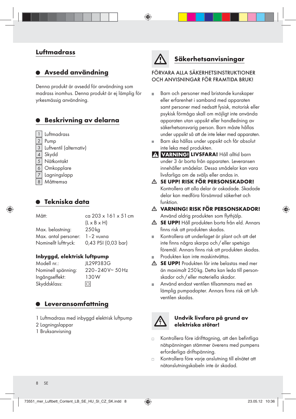 Luftmadrass, Avsedd användning, Beskrivning av delarna | Tekniska data, Leveransomfattning, Säkerhetsanvisningar | Meradiso Z31196 User Manual | Page 8 / 33