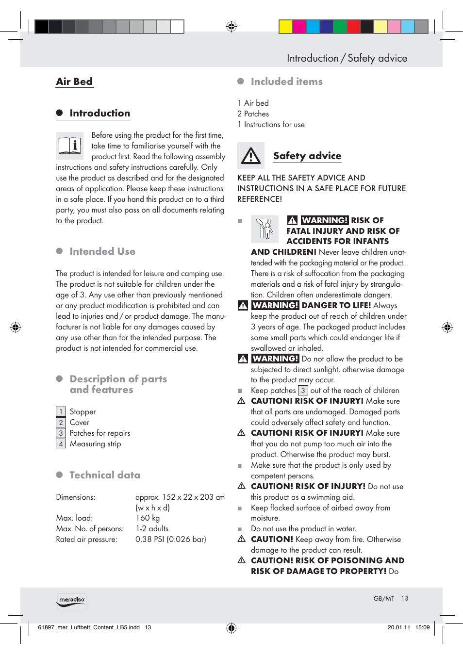 Introduction / safety advice, Air bed, Introduction | Intended use, Description of parts and features, Technical data, Included items, Safety advice | Meradiso Air Bed User Manual | Page 11 / 16