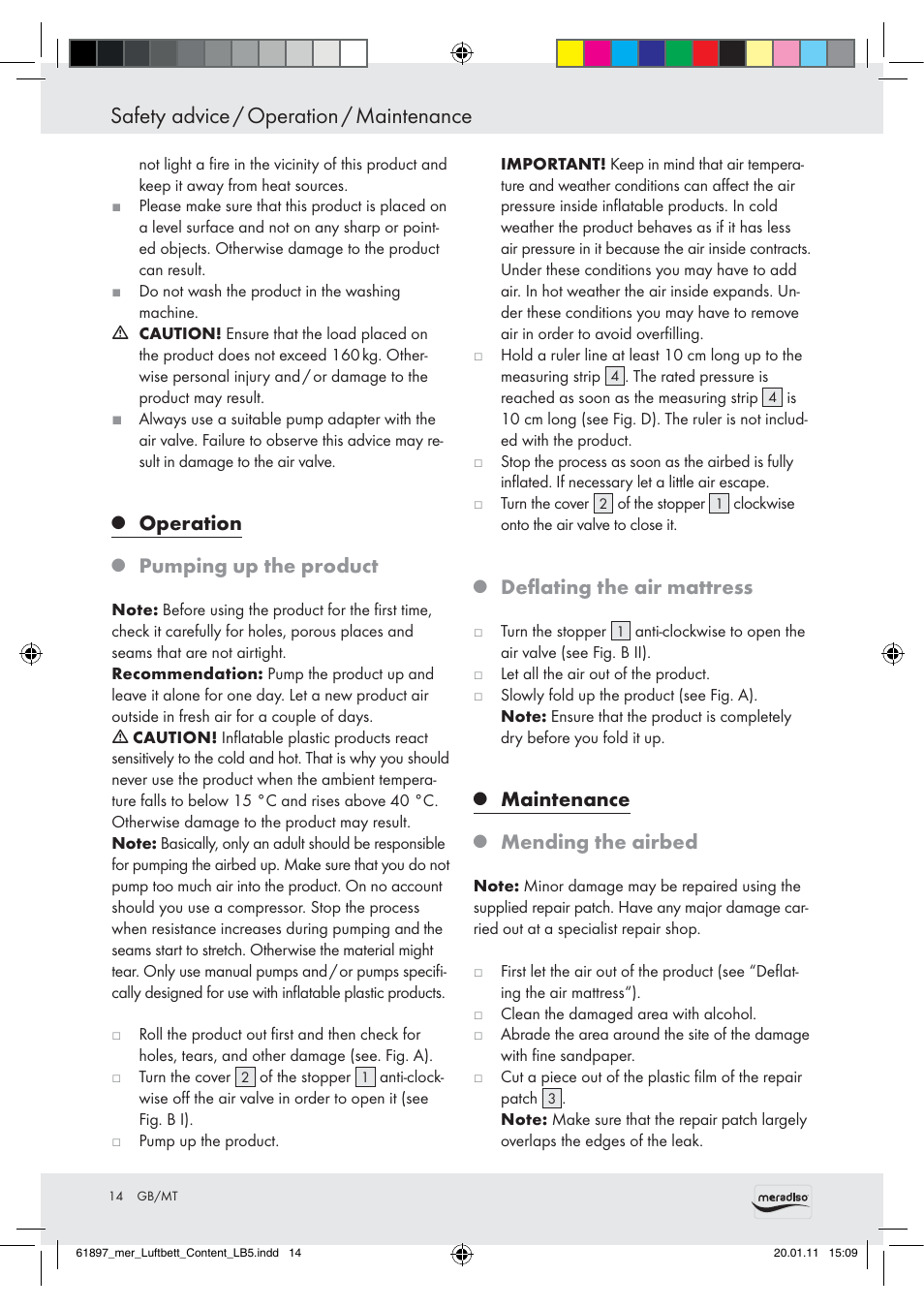Safety advice / operation / maintenance, Operation, Pumping up the product | Deﬂating the air mattress, Maintenance, Mending the airbed | Meradiso Air Bed User Manual | Page 12 / 16